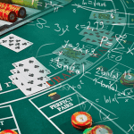 a casino table with chip and cards. math formulas all over it